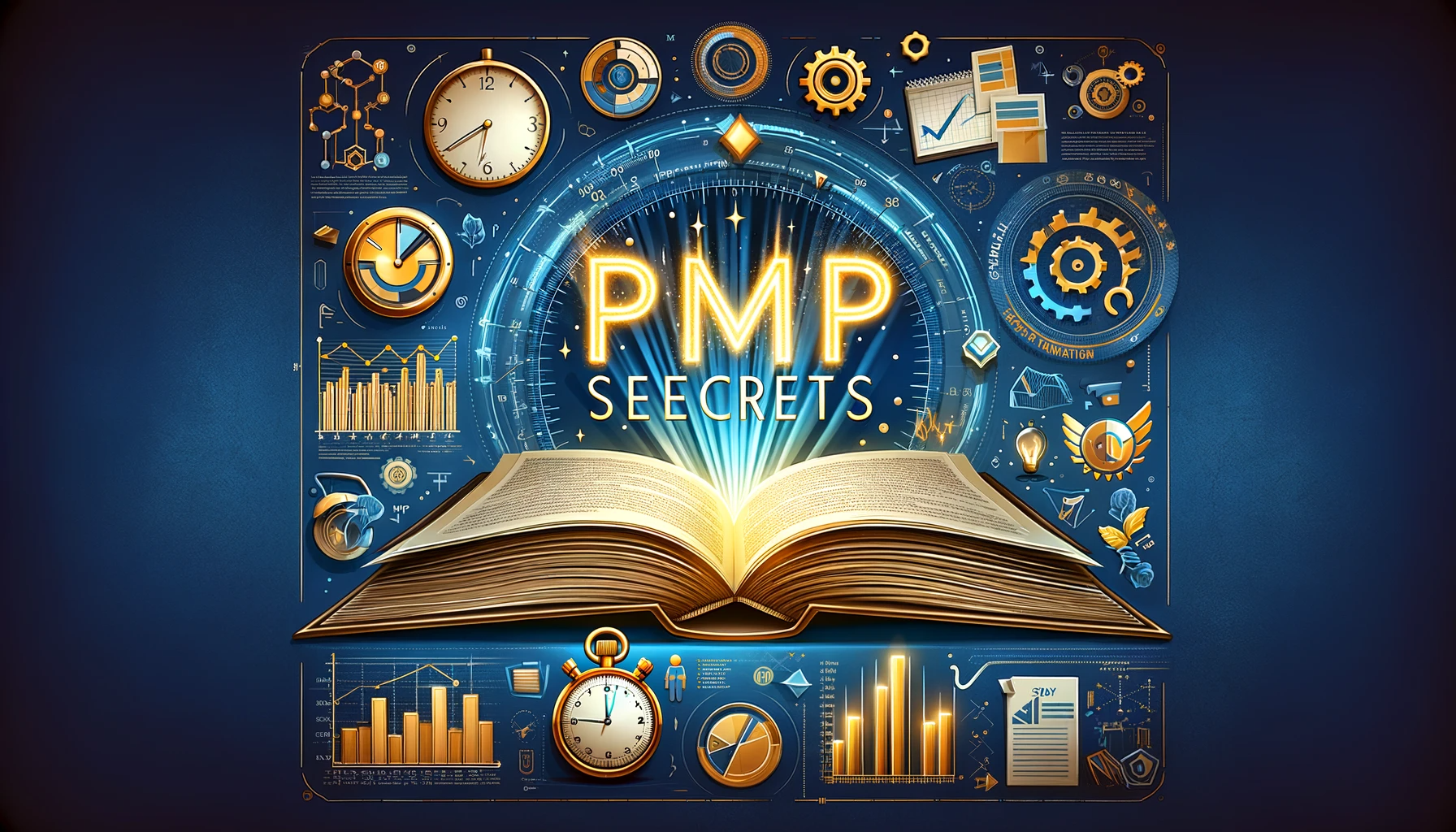 DALL·E 2023-12-29 09.15.17 - An illustration showcasing the concept of 'PMP Exam Preparation Secrets Revealed'. The image features an open book in the center, with glowing golden .png